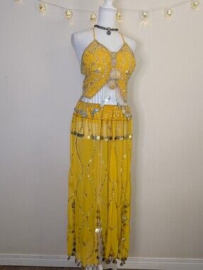 Yellow Sequin Butterfly Top & Coin Bellydance Skirt Set